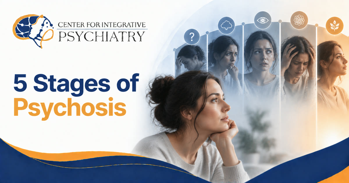 Pensive woman in front of a series of panels showing a person moving through the stages of psychosis toward recovery