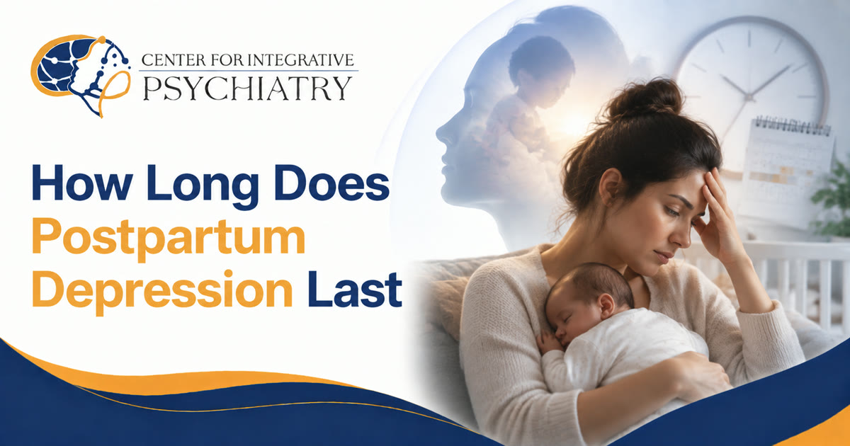 Exhausted new mother holding her sleeping baby beside a clock, illustrating the postpartum depression timeline