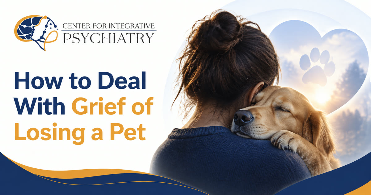 Woman hugging a golden retriever, with a heart-shaped sky and paw print above, illustrating grief after losing a pet