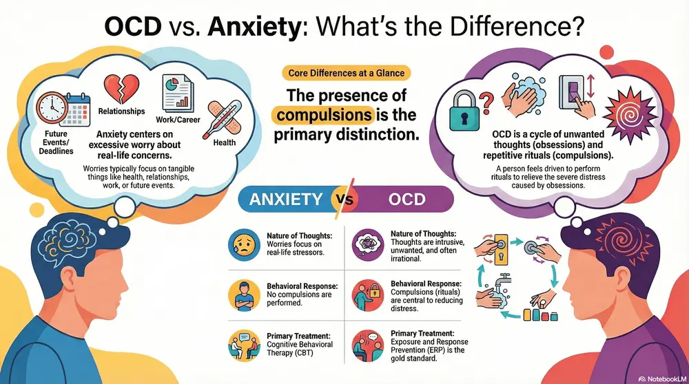 Visual comparison illustrating the differences between OCD vs Anxiety disorders, highlighting symptoms and behaviors.