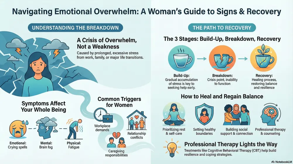 Infographic of "Navigating Emotional Overwhelm," a guide for women on managing emotions and finding recovery strategies.