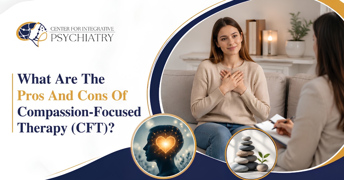 Clinician weighing the pros and cons of compassion-focused therapy with a client