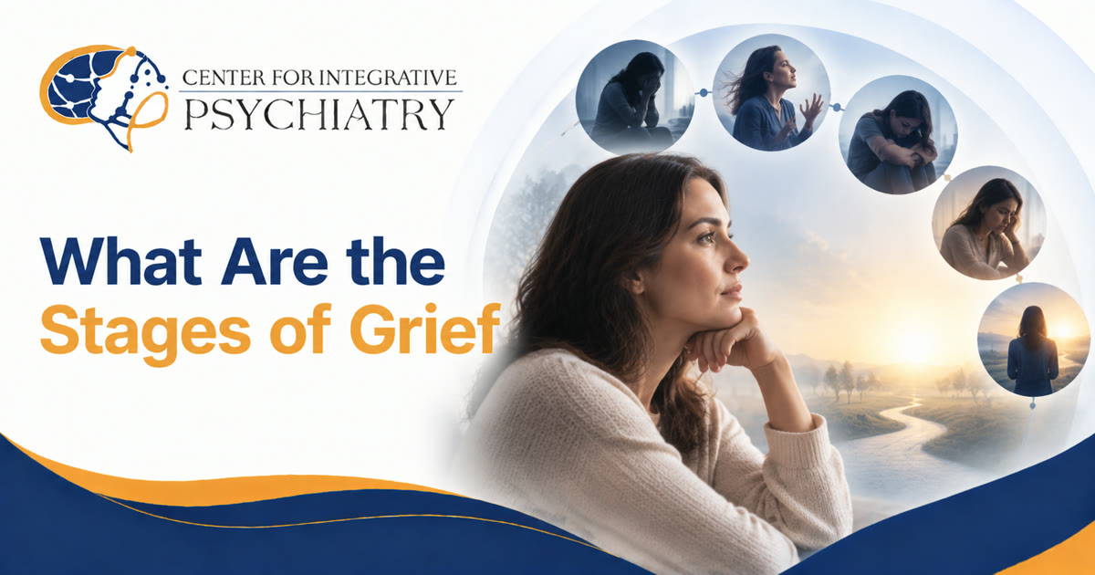 Woman resting her chin on her hand in thought, surrounded by small scenes of the emotional stages of grief