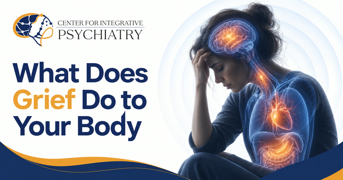 Woman holding her head in grief, with her brain, heart, and digestive organs glowing to show the physical effects