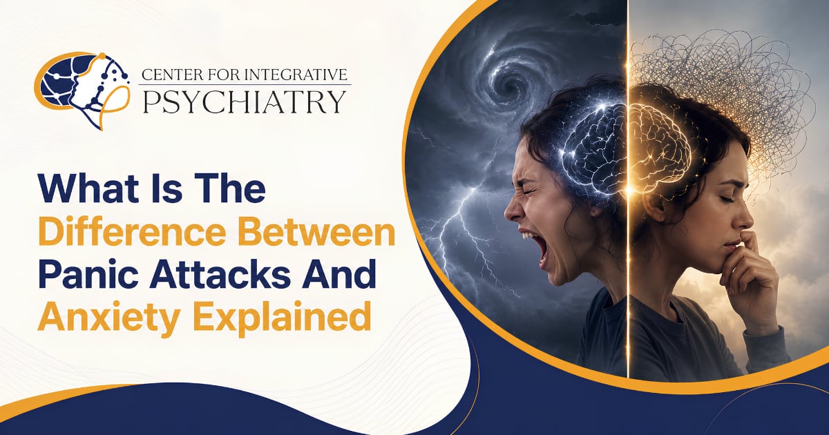 Split image contrasting a woman mid-panic attack with a woman in quiet, persistent worry