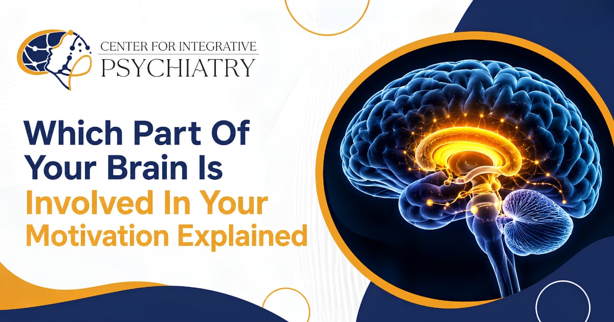 Illustration of a human brain with the deep reward and motivation circuits glowing in gold