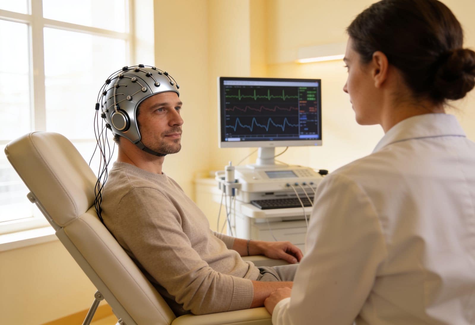 A clinician reviewing EEG readouts during a neurofeedback session
