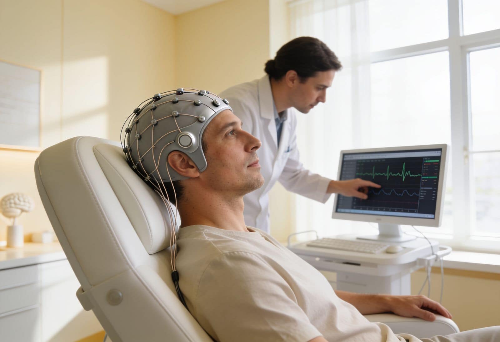 A neurofeedback session: EEG cap and real-time feedback screen